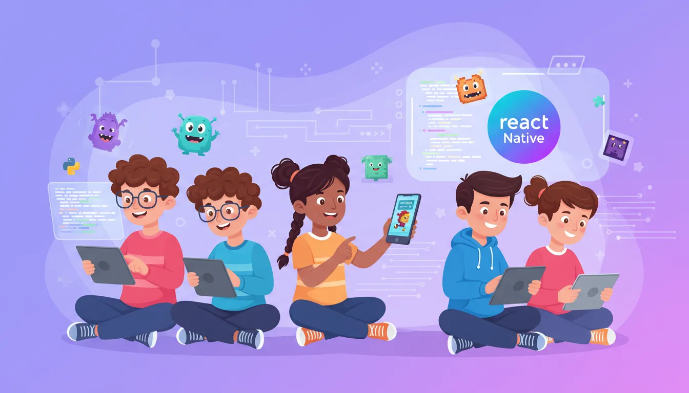 Children learning to build mobile apps using tablets and laptops